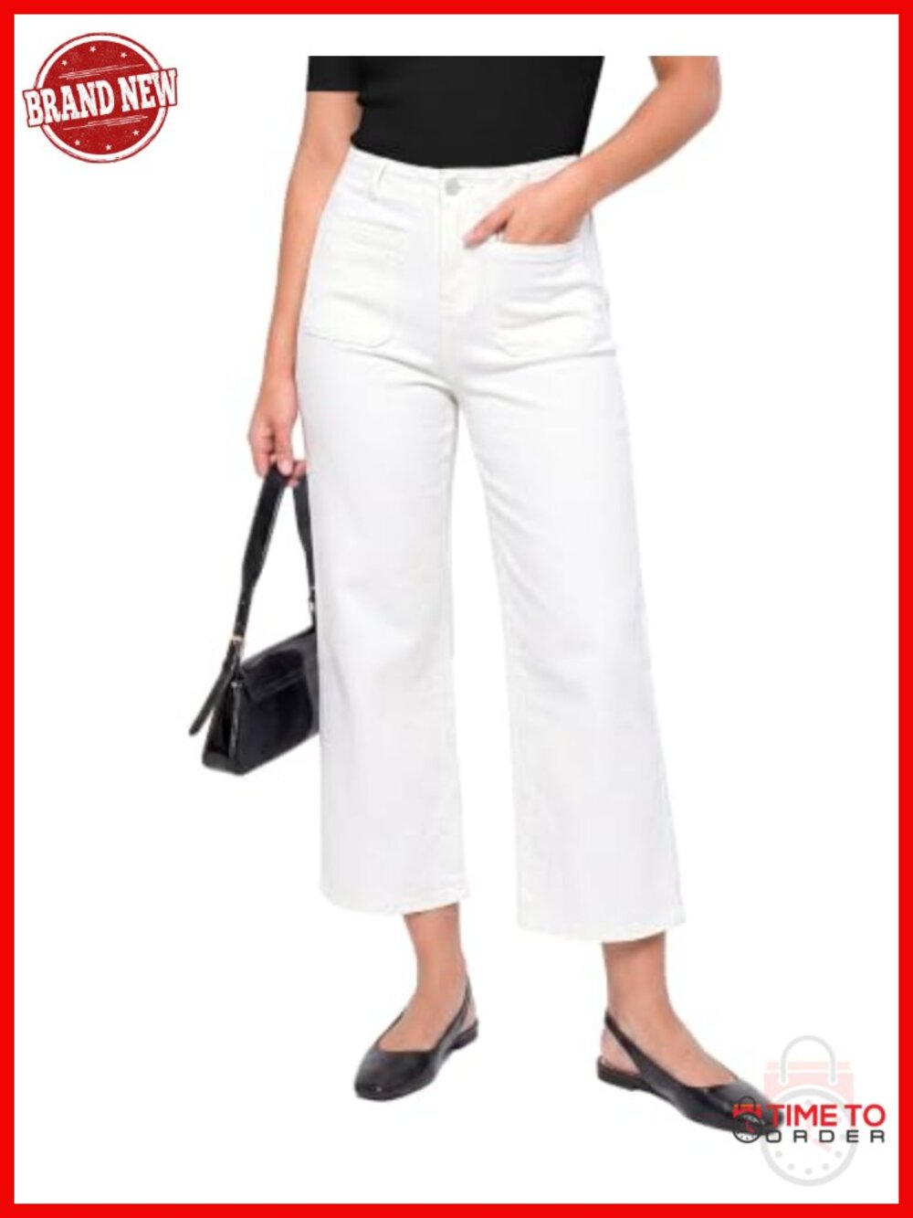 High Waisted Wide Leg Cropped Stretch Jeans with Pockets
